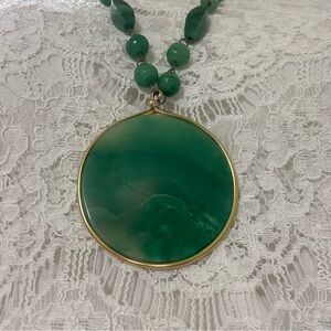 Green Agate Pendant Necklace with Gold Trim - Women Jewelry